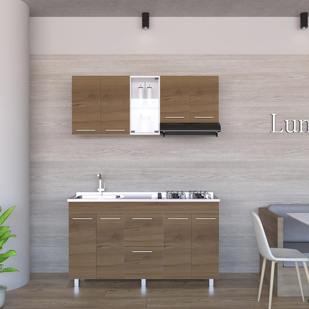 Mueble Multiusos Prada, Moca y Blanco, Incluye Mesón Derecho - VIRTUAL MUEBLES