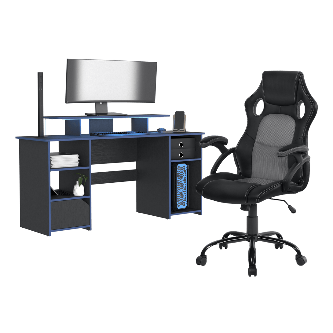 Combo Gamer , Wengue y Negro, Incluye Escritorio bordo Azul y Silla Gamer - VIRTUAL MUEBLES