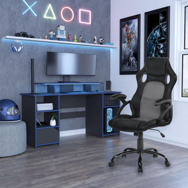 Combo Gamer , Wengue y Negro, Incluye Escritorio bordo Azul y Silla Gamer - VIRTUAL MUEBLES