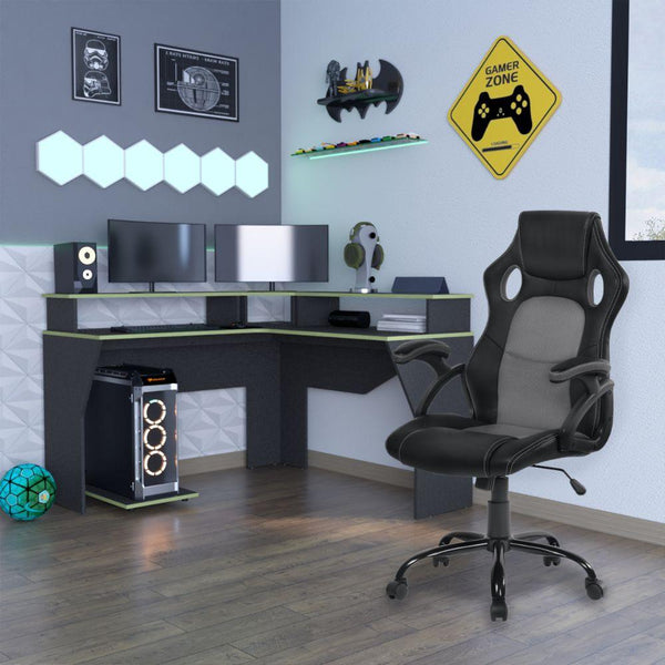 Combo Gamer , Wengue y Negro, Incluye Escritorio bordo Verde y Silla Gamer - VIRTUAL MUEBLES