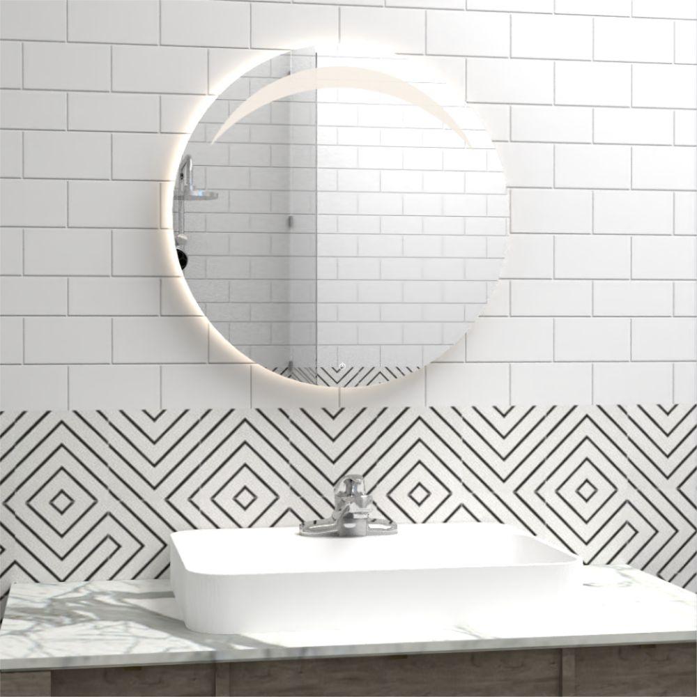 Espejo Bombay led+touch, En Forma redonda con diseño en Sandblasting en la parte superior - VIRTUAL MUEBLES