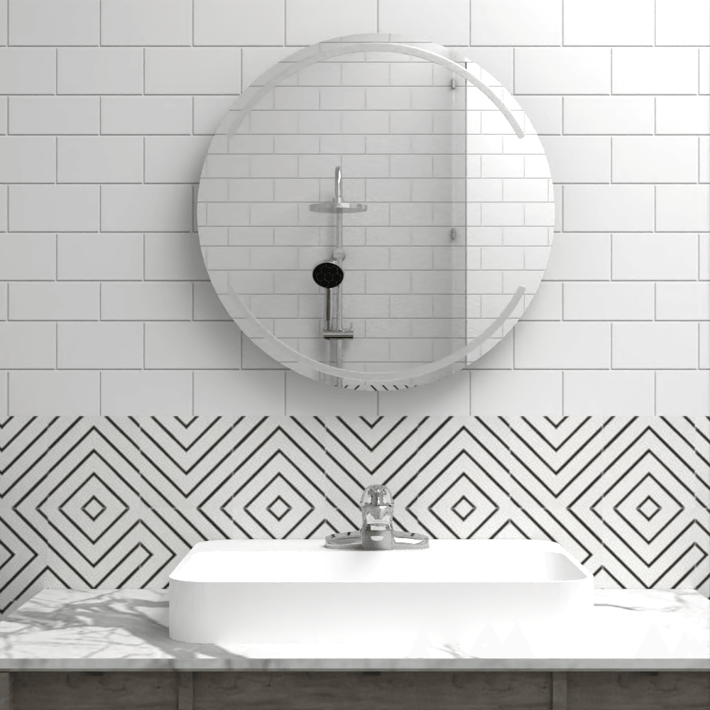 Espejo Dallas, Redondo con diseño en sandblasting en la parte superior e inferior - VIRTUAL MUEBLES