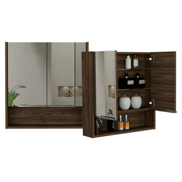 Gabinete de Baño Rawana, Chocolate, Incluye Espejo y Entrepaños Para Guardar Objetos de Aseo X2
