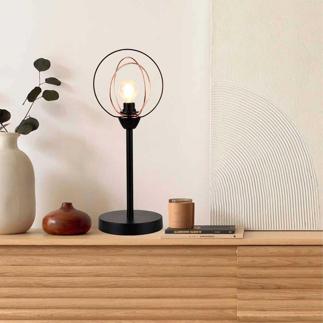 Lámpara de Mesa Aros, Negro y Cobre - VIRTUAL MUEBLES
