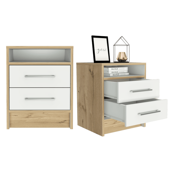 Mesa de Noche Douglas, Blanco y Café Claro, Con Dos Cajones, Espacio Para Libros Y Objetos Decorativos X2