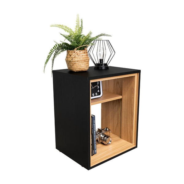 Mesa de Noche Apen, Fresno Europeo y Wengue, con un entrepaño diseño minimalista