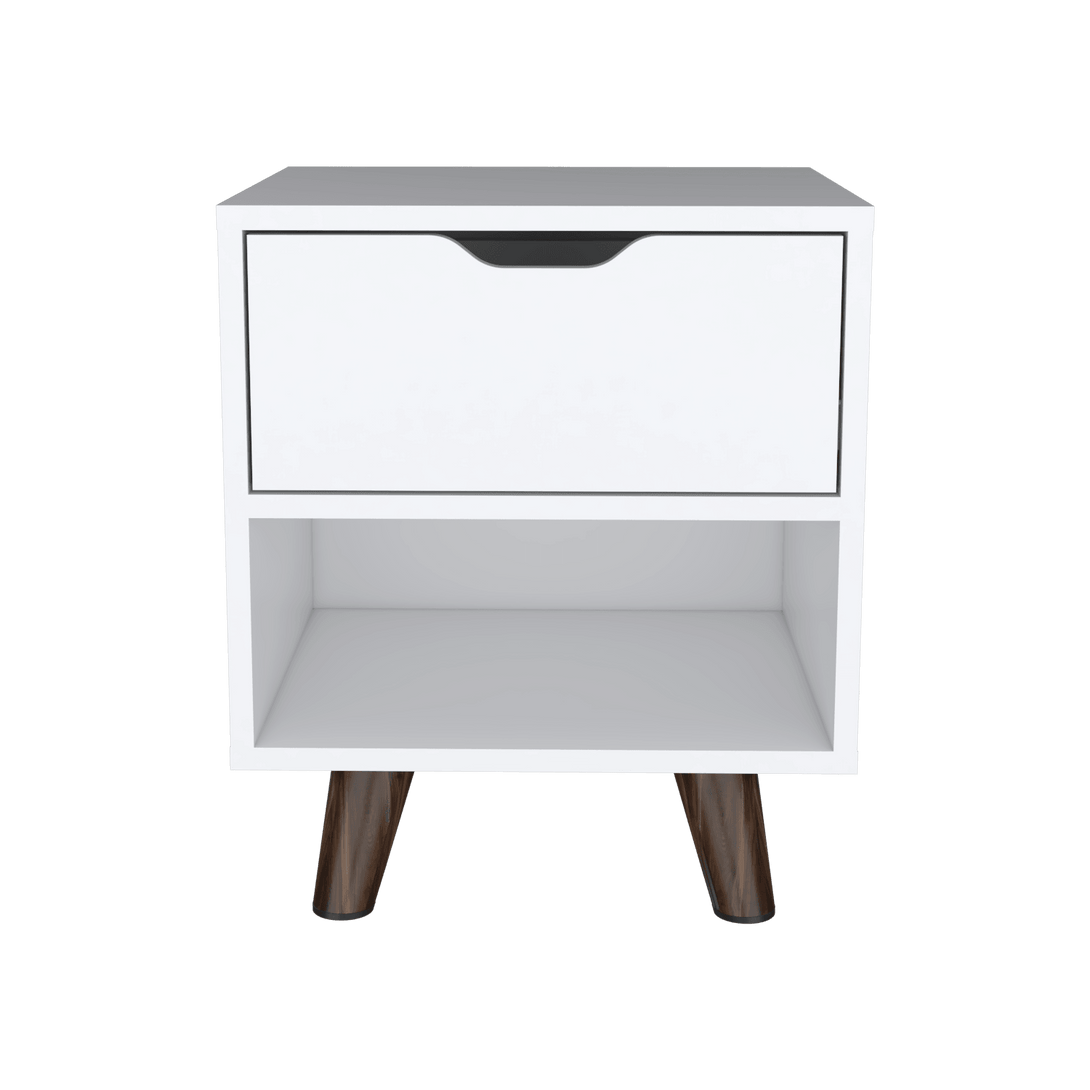 Mesa de Noche Canelo, Blanco, con Patas en Madera y un Cajón ZF - VIRTUAL MUEBLES