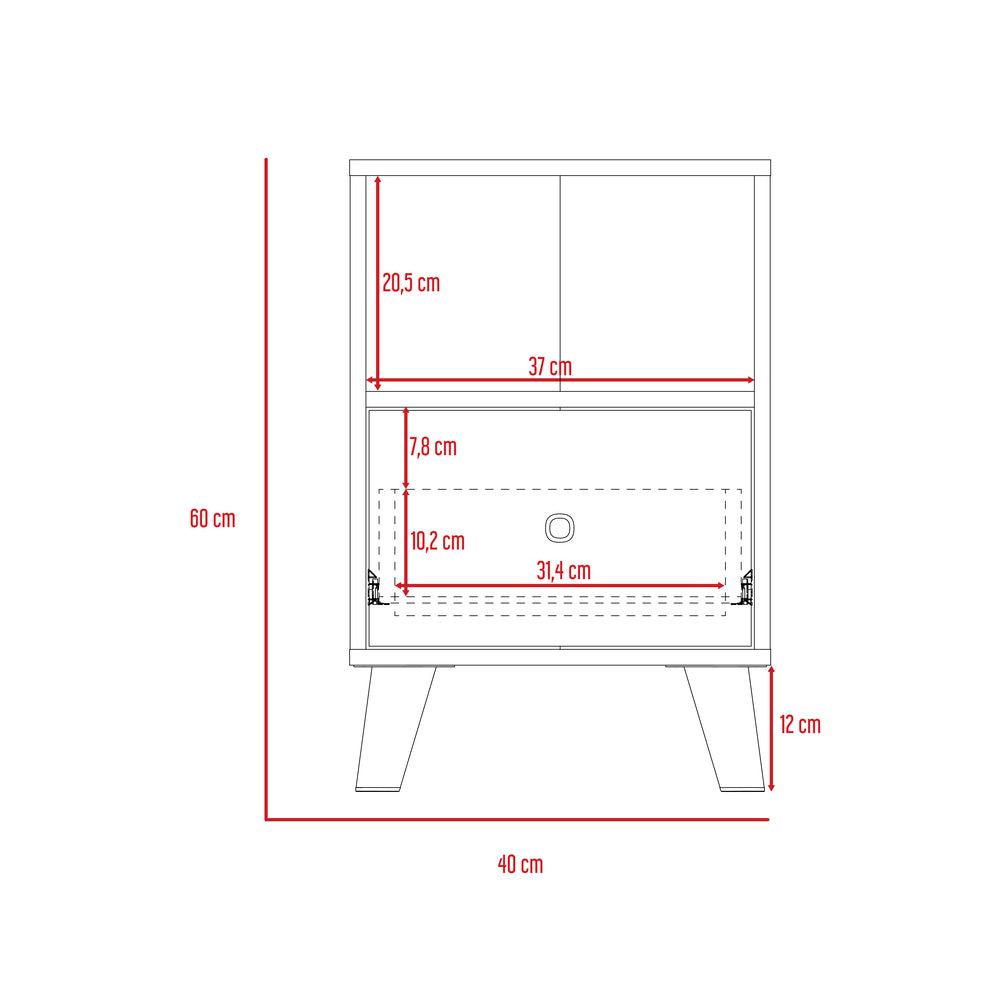 Mesa de Noche Samay, Gris y Macadamia, con Un Cajón y Patas Metálicas - VIRTUAL MUEBLES