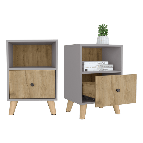 Mesa de Noche Samay, Gris y Macadamia, con Un Cajón y Patas Metálicas X2