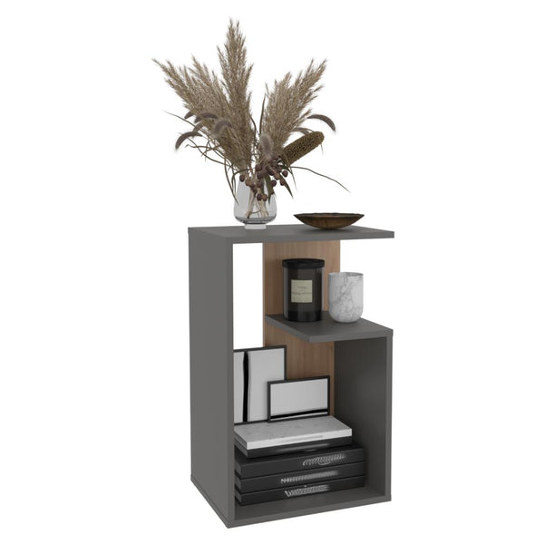 Mesa Auxiliar Evert, Plata Oscuro y Fresno Europeo, con diseño moderno y espacio para ubicar objetos ZF