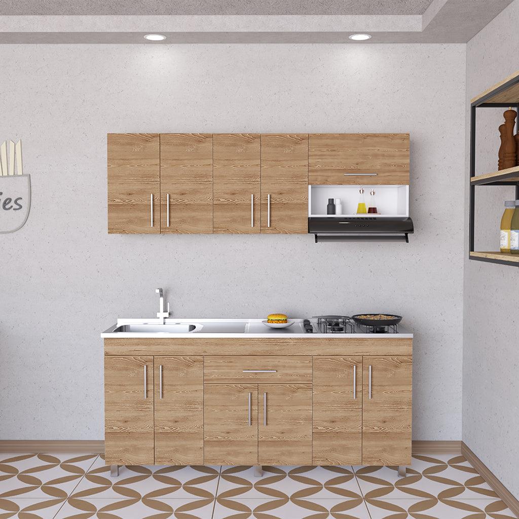 Mueble Multiusos Carson, Miel y Blanco, Incluye Mesón Izquierdo En Acero Inoxidable y Estufa - VIRTUAL MUEBLES